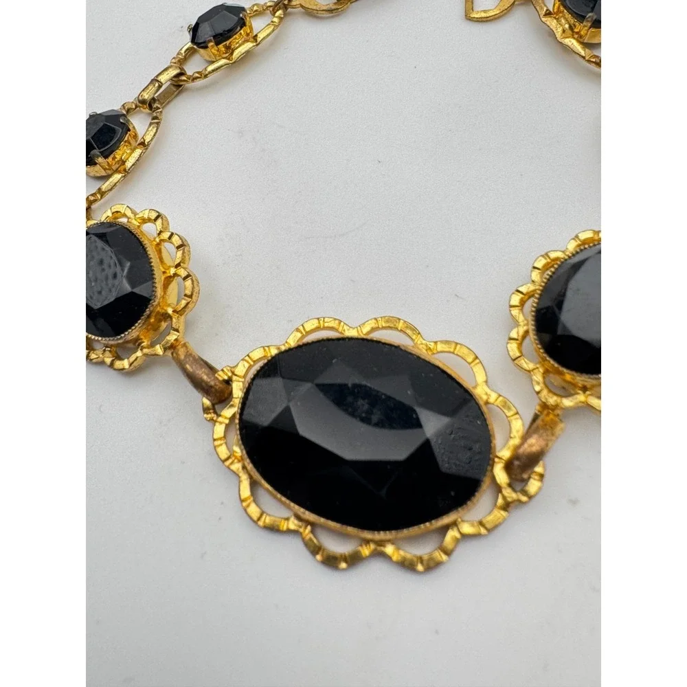 Vintage  Victorian Revival Bracelet Black Faceted Graduated Scalloped Link